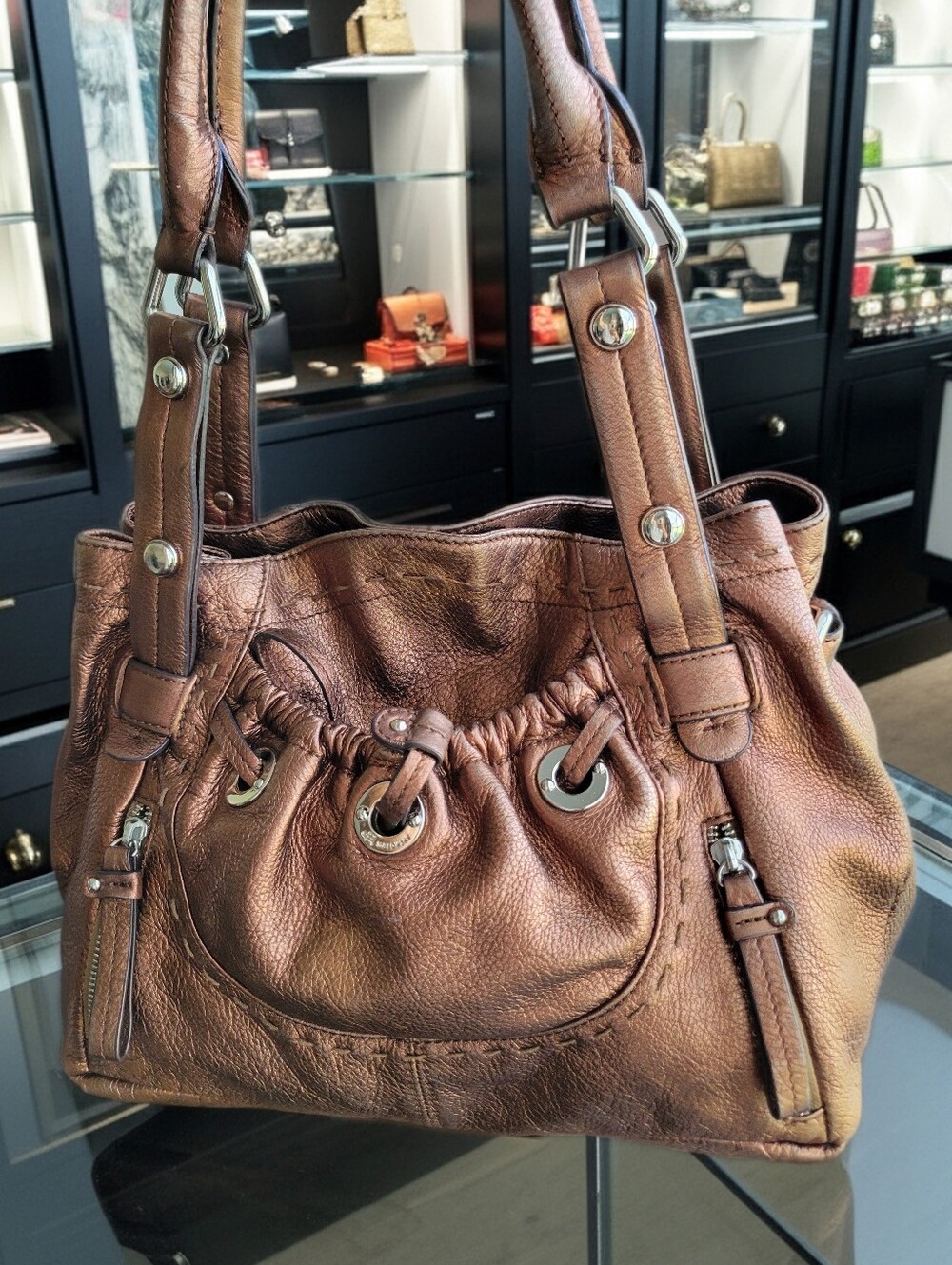 B. Makowsky Ultra Soft Copper Bronze Genuine Pebble Leather Large Tote